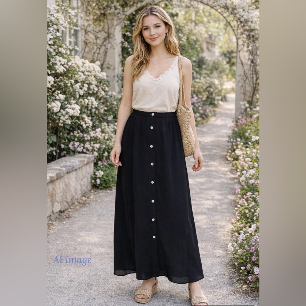 Vintage 90s Black Crepe Maxi Skirt Shell Button Front Minimalist Capsule  S 4 6